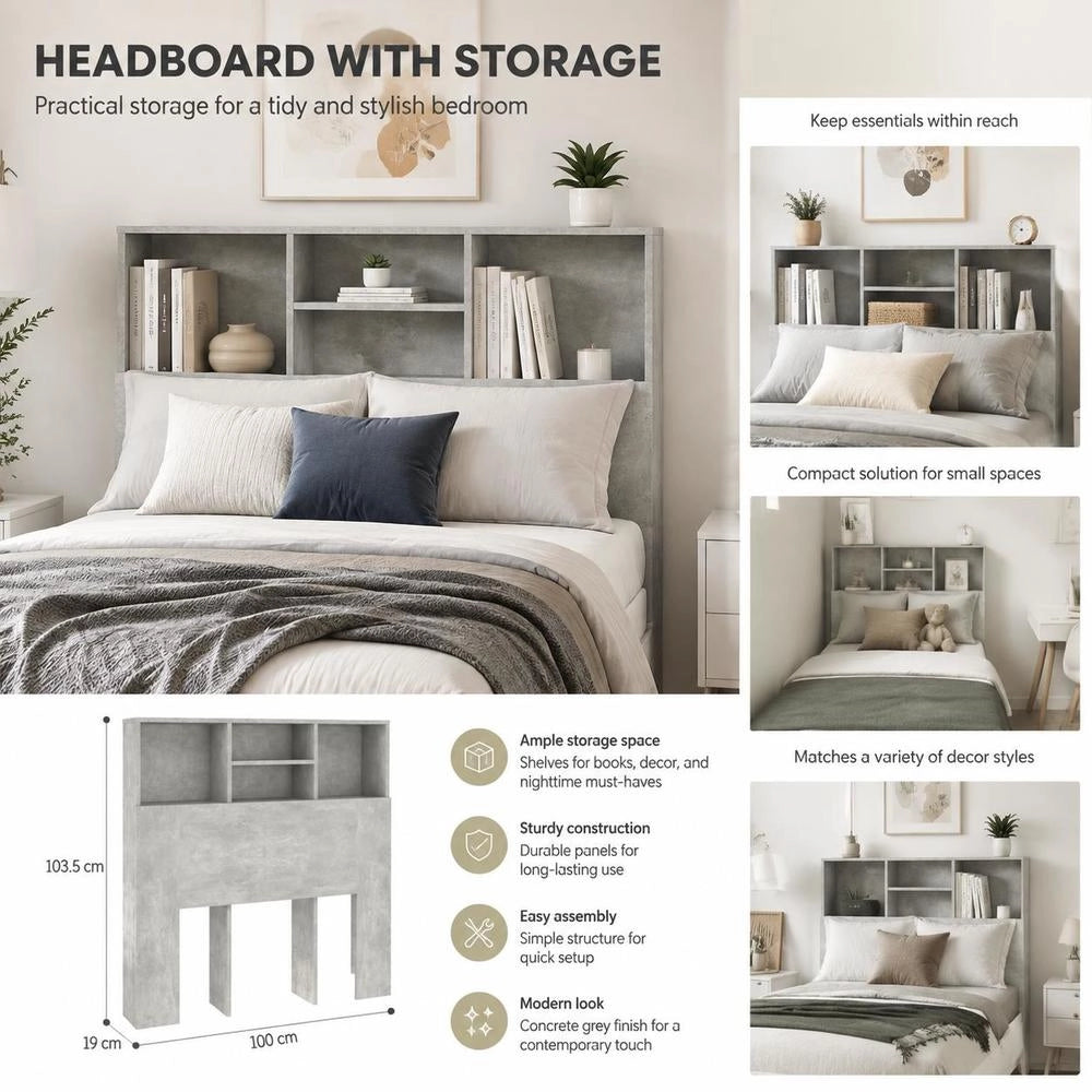 Bed Headboard With Shelves, Concrete Grey, 100x19x103.5 Cm