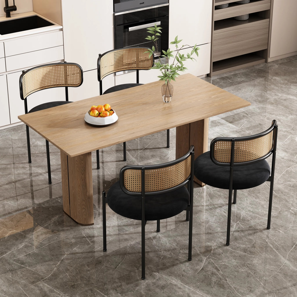 Set di 6 sedie da pranzo in velluto nero con schienale in rattan, gambe in metallo, design moderno