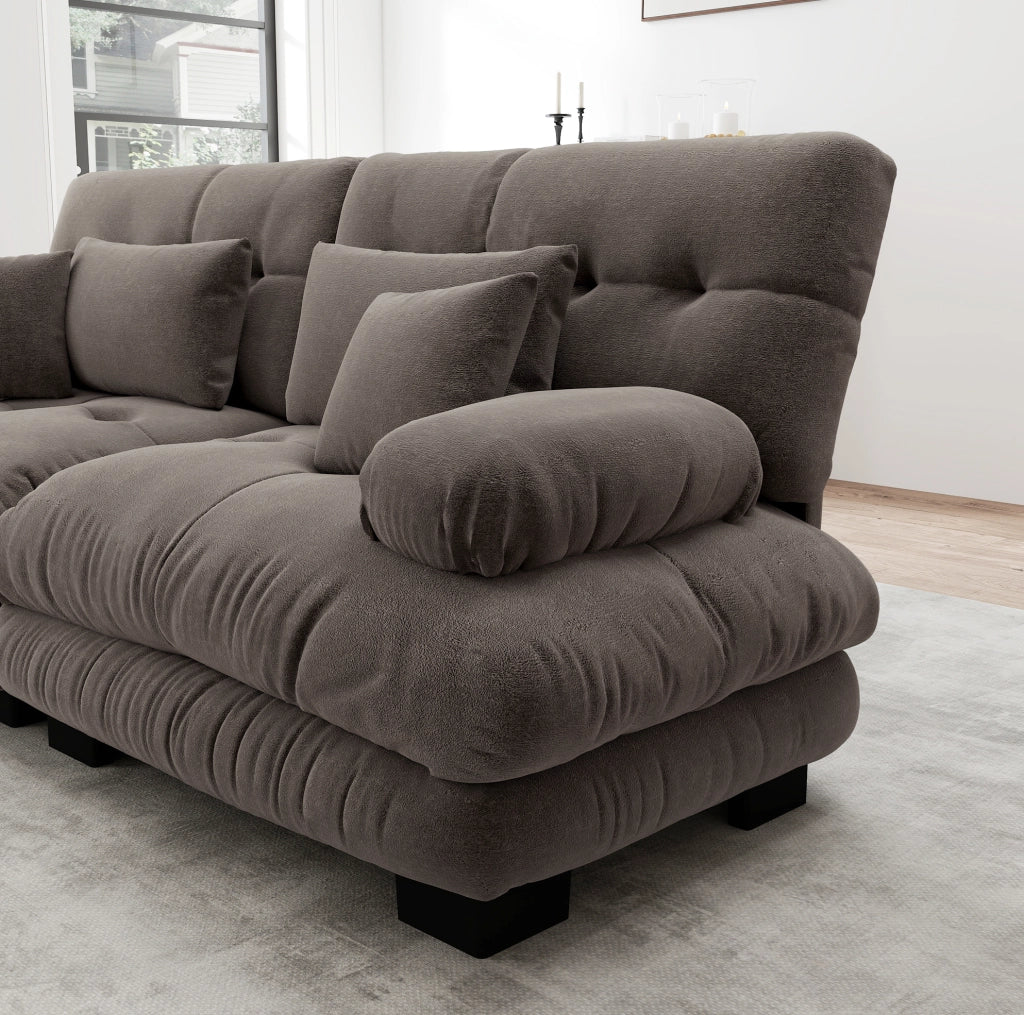 Divano modulare con ottomane mobili in chenille marrone; seduta profonda stile cloud