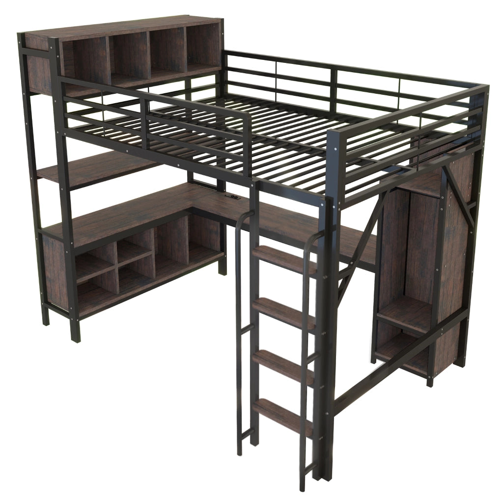 Letto a soppalco multifunzionale 140 x 200 cm con scrivania, armadietto, ripiani, LED e prese UE, nero