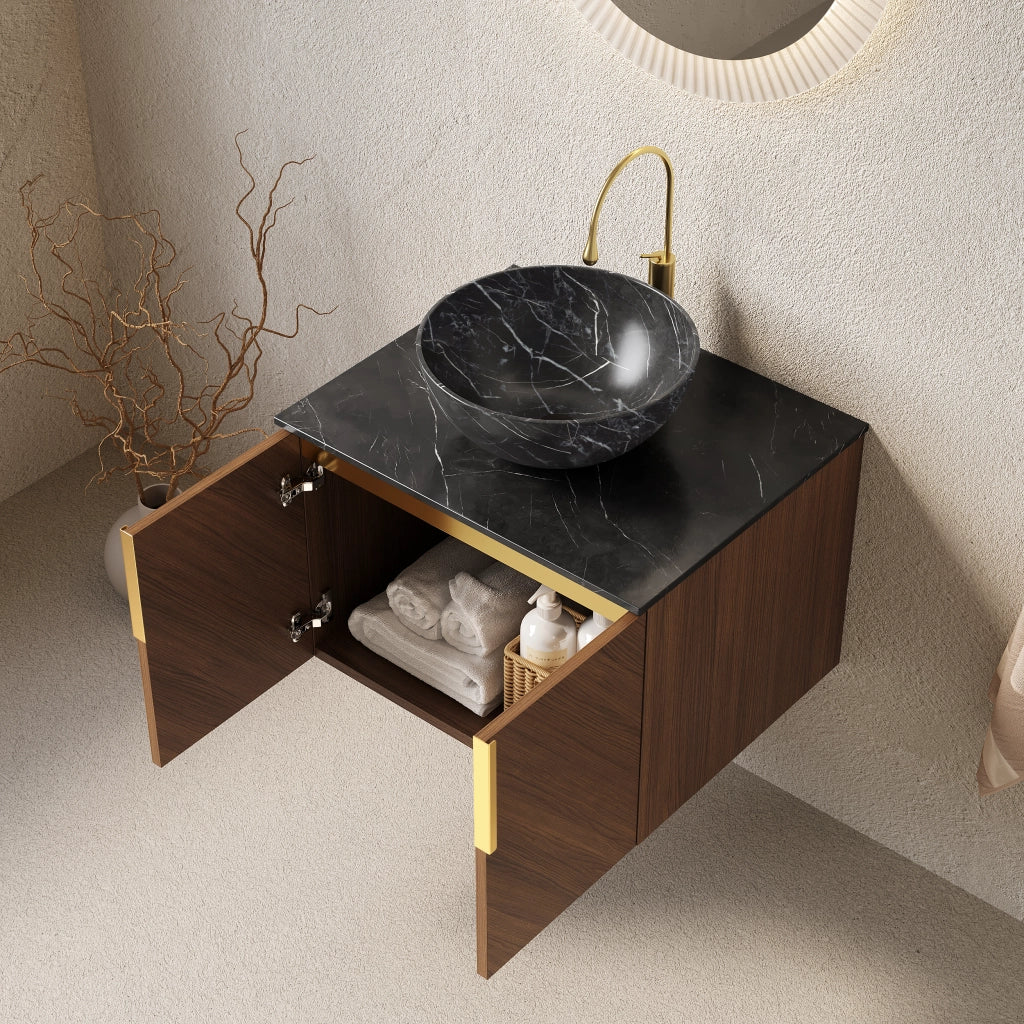 Mobile sottolavabo da bagno con lavabo in ceramica nero, 2 ante e piano in pietra sinterizzata, per bagno