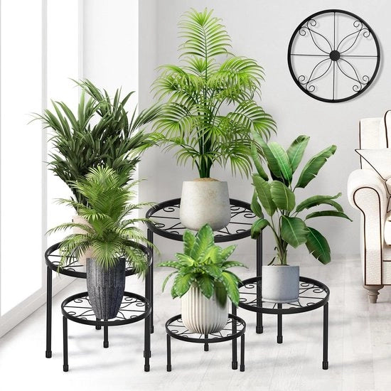 Set di supporti per fiori in metallo da 5 pezzi per interni ed esterni - piante da giardino e fioriSupporto per piante da esterno - supporto per vaso di fiori per scala per piante e tavolo da fiori