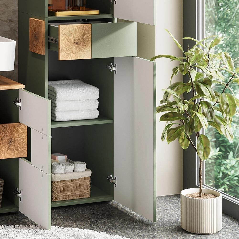 Armadio per il bagno Eden, Verde, 40 x 184.2 cm con 2 ante e 1 cassetto, ampio spazio per gli utensili da bagno