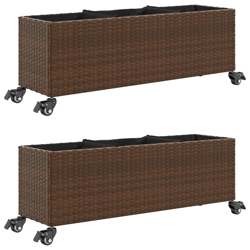 vidaXL Fioriere da Giardino Ruote 2pz Marrone 107x32x38 cm Polyrattan
