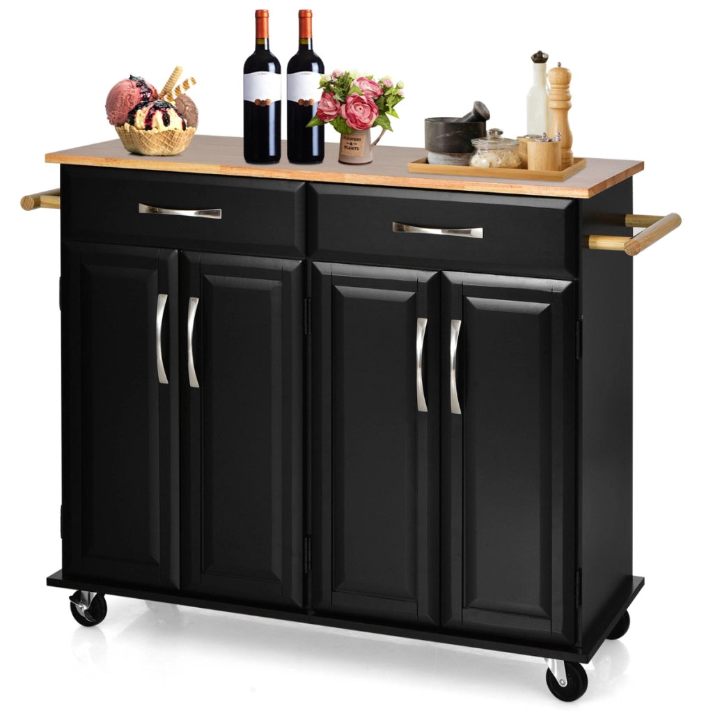 Carrello da cucina con piano di lavoro in legno di gomma 4 ante ripiani regolabili-Scaffale-Carrello porta utensili Nero