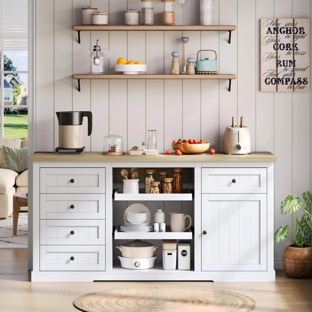 Credenza multifunzione con piano ribaltabile, 5 cassetti, 2 ripiani estraibili e prese integrate, 150×65×75,5 cm