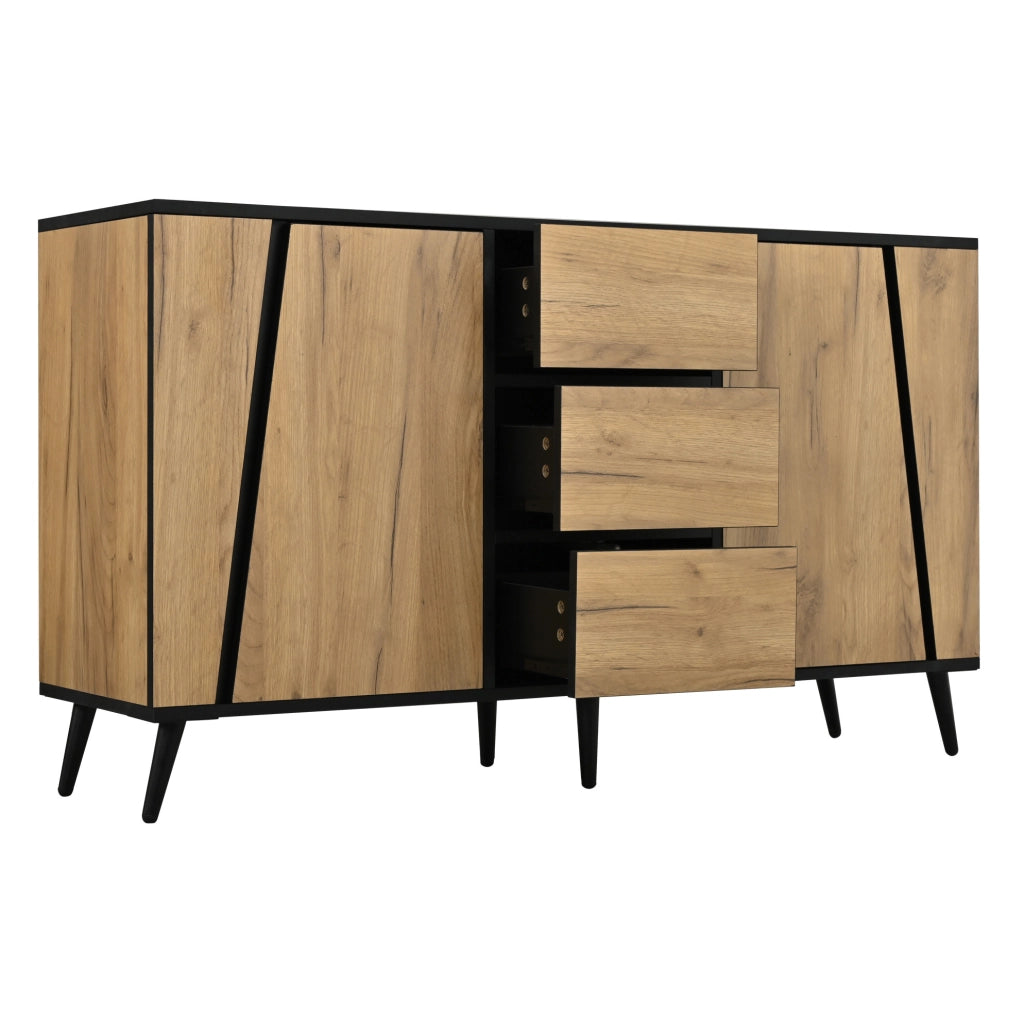 Sideboard 120x40x70 cm con 2 ante; 3 cassetti e ripiani regolabili; MDF e truciolare; naturale e nero