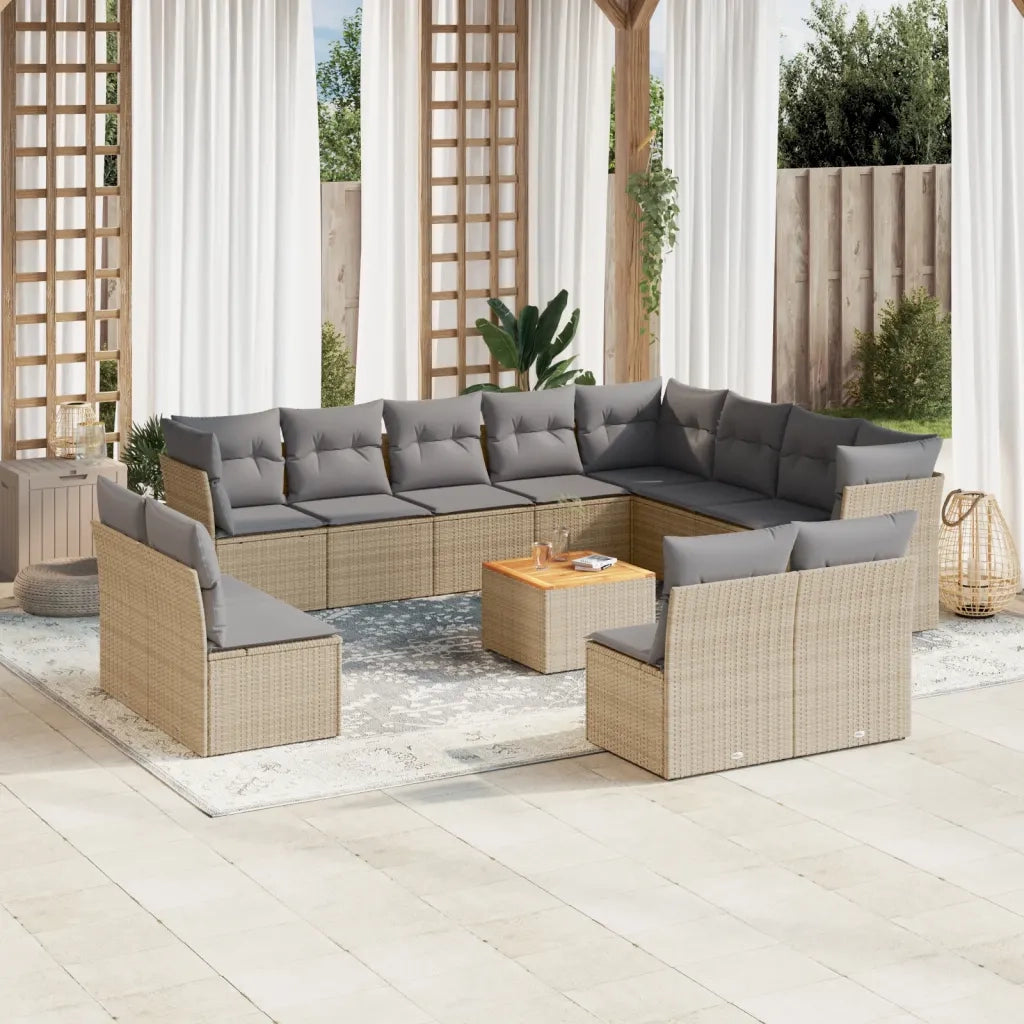 Set Divano da Giardino 13 pz con Cuscini Beige Misto Polyrattan
