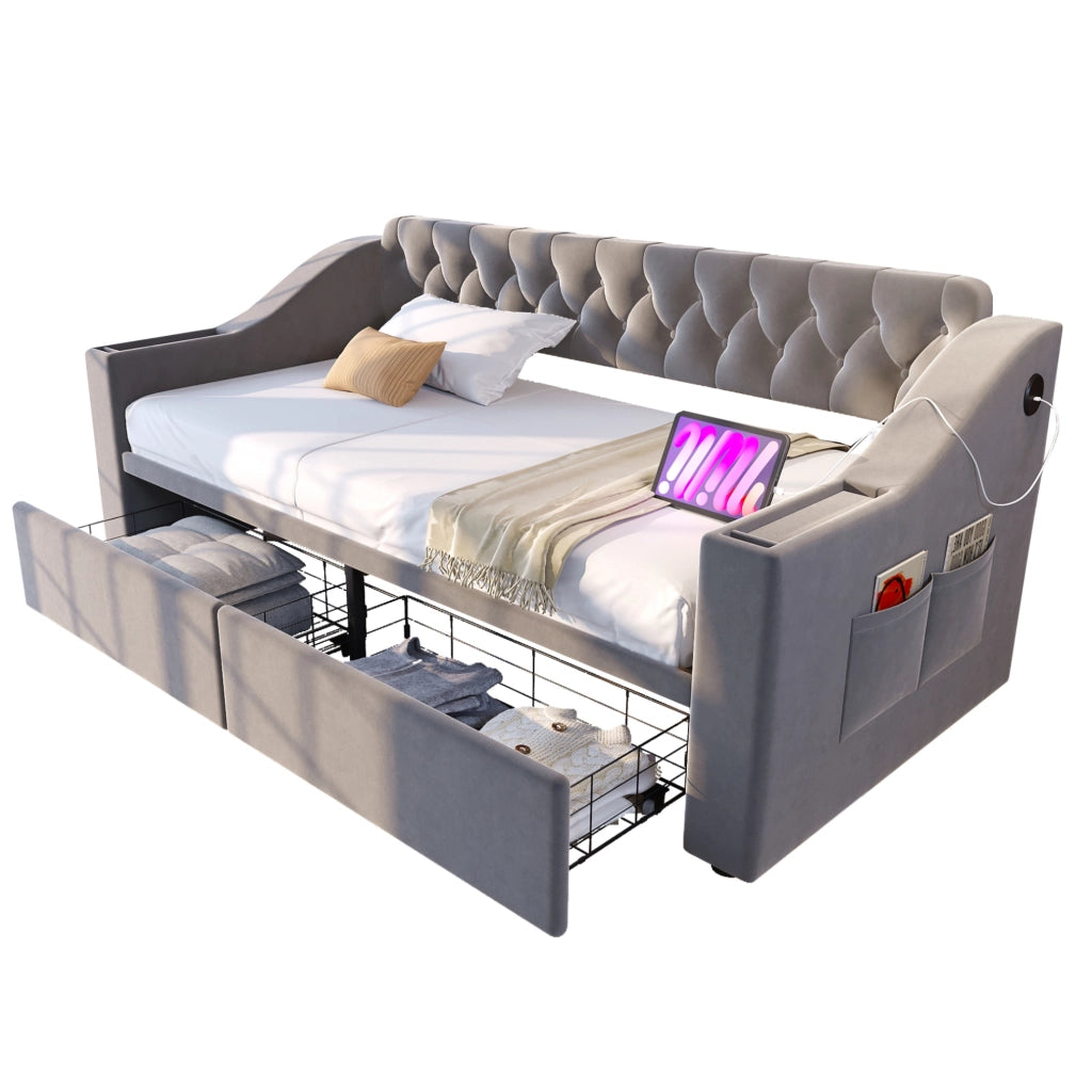 Divano letto imbottito 90x190 cm con cassetti; USB e USB-C in velluto grigio chiaro