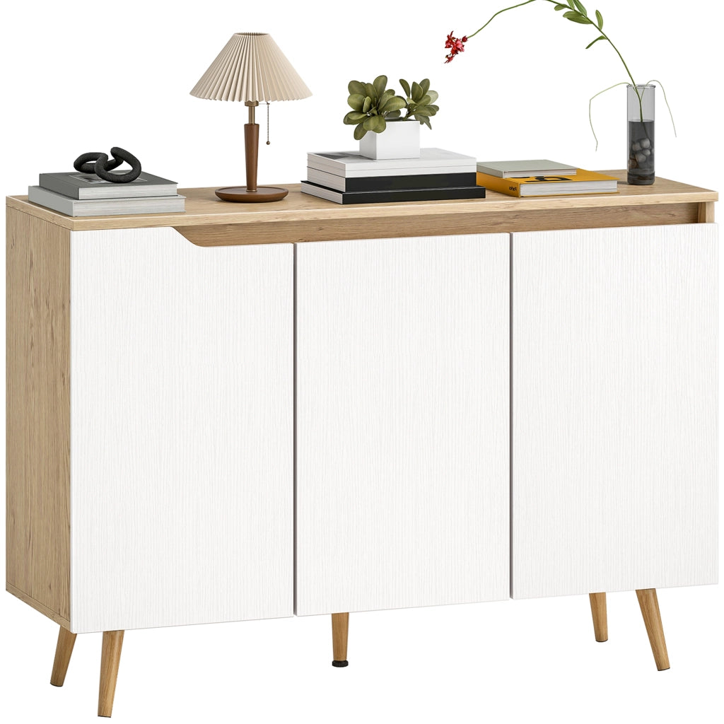 Credenza Moderna a 3 Ante con 3 Ripiani Regolabili e 5 Gambe in Legno, 107x35x76.5 cm, Bianco e Rovere