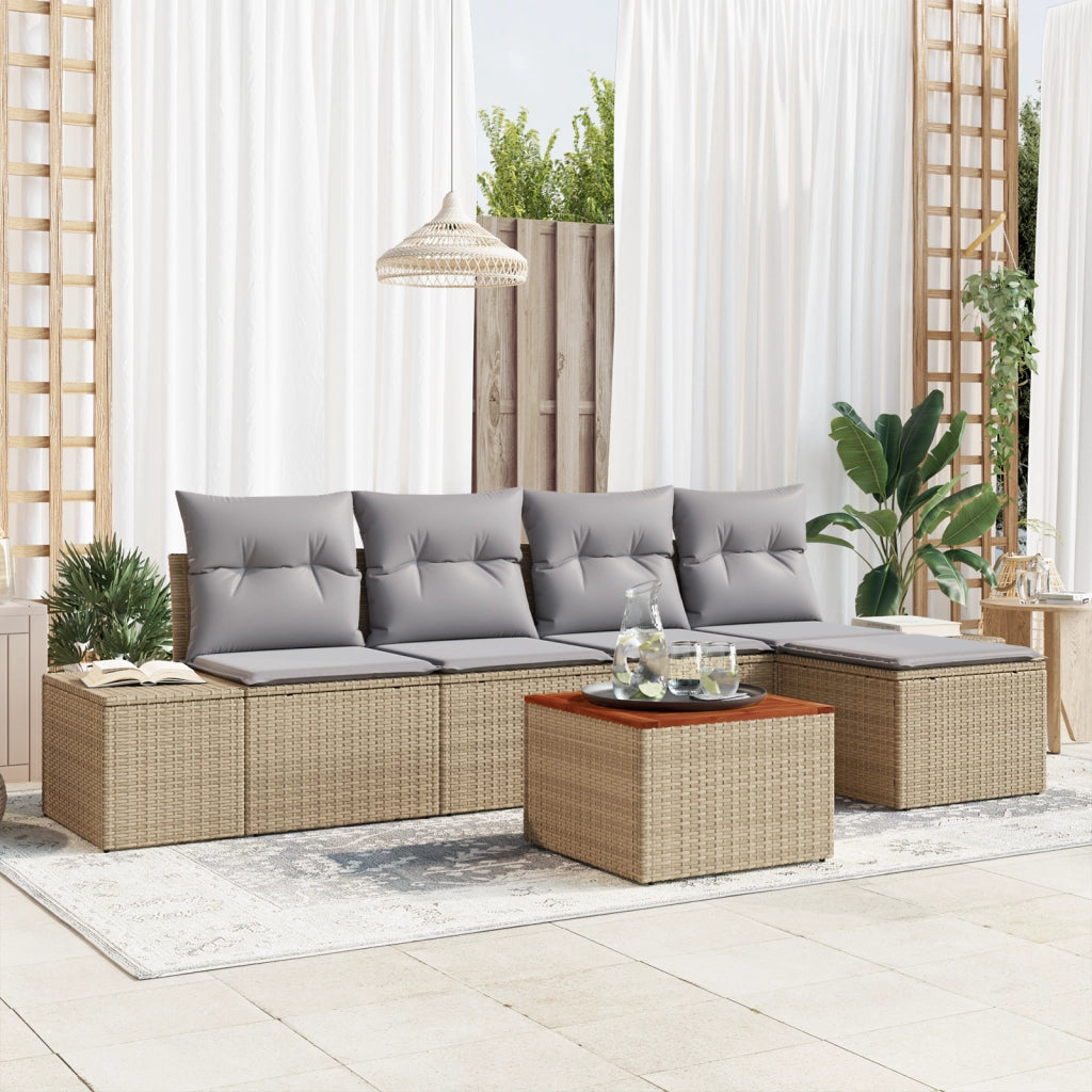 Set di divani da giardino 6 pezzi con cuscini Beige Polirattan Acacia