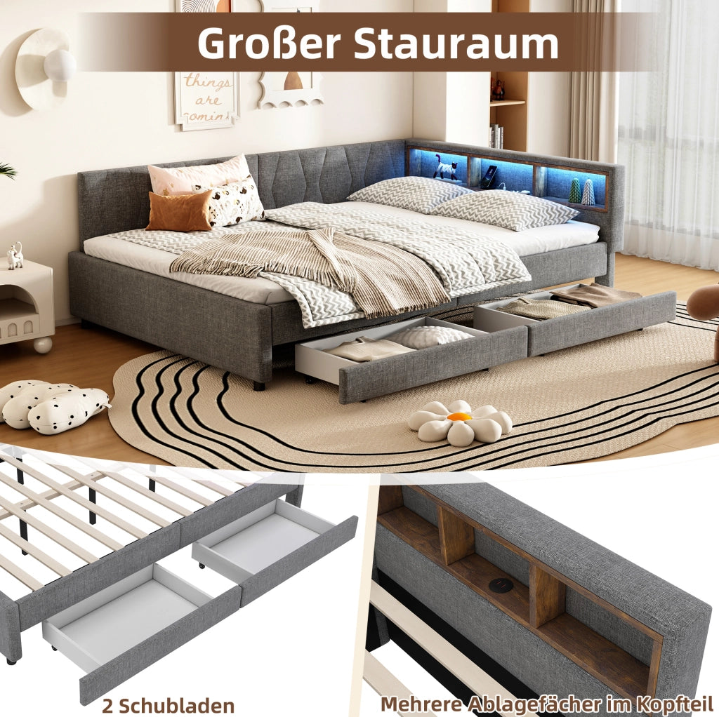 LETTO 140x200 cm in lino grigio con LED, USB e 2 cassetti
