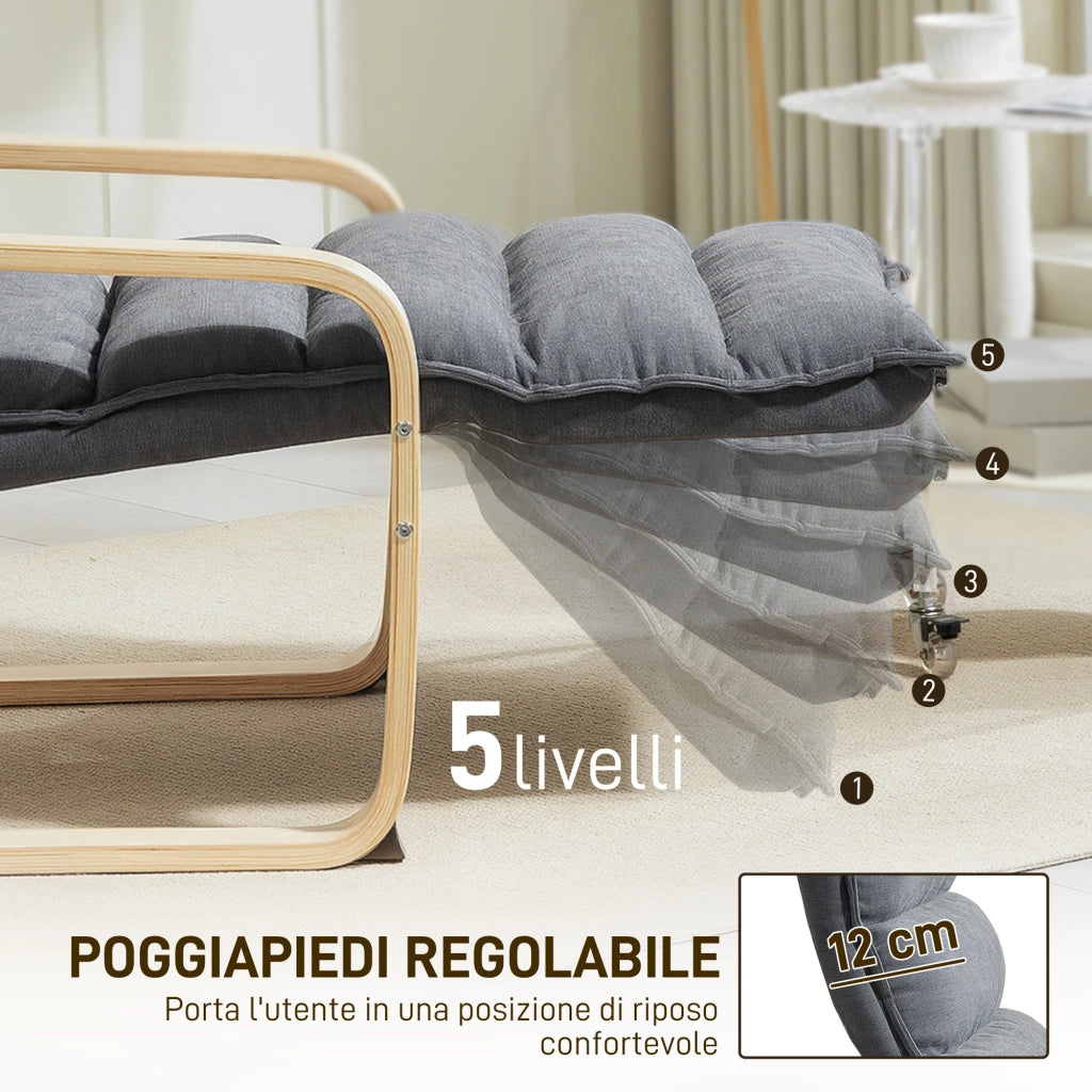 Poltrona Relax in Legno con Rivestimento in Velluto e Poggiapiedi Regolabile, Grigio Scuro