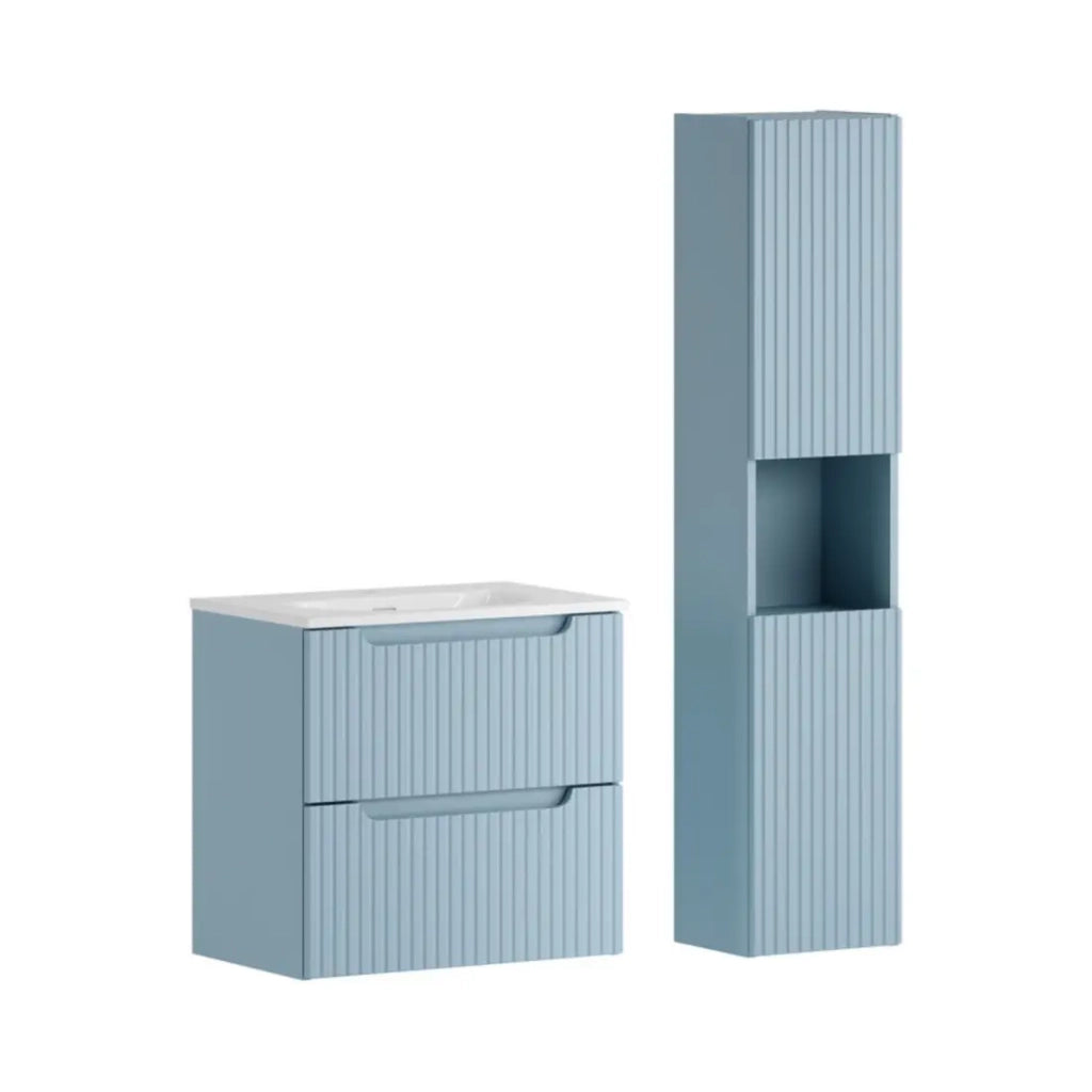 Set bagno sospeso VANO blu denim 90cm: mobile basso con cassetti + lavabo incasso bianco + colonna