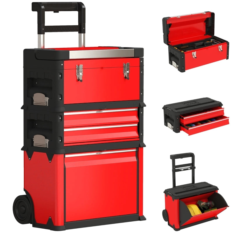 Carrello portautensili con 3 unità modulari impilabili, struttura in acciaio e plastica, rosso