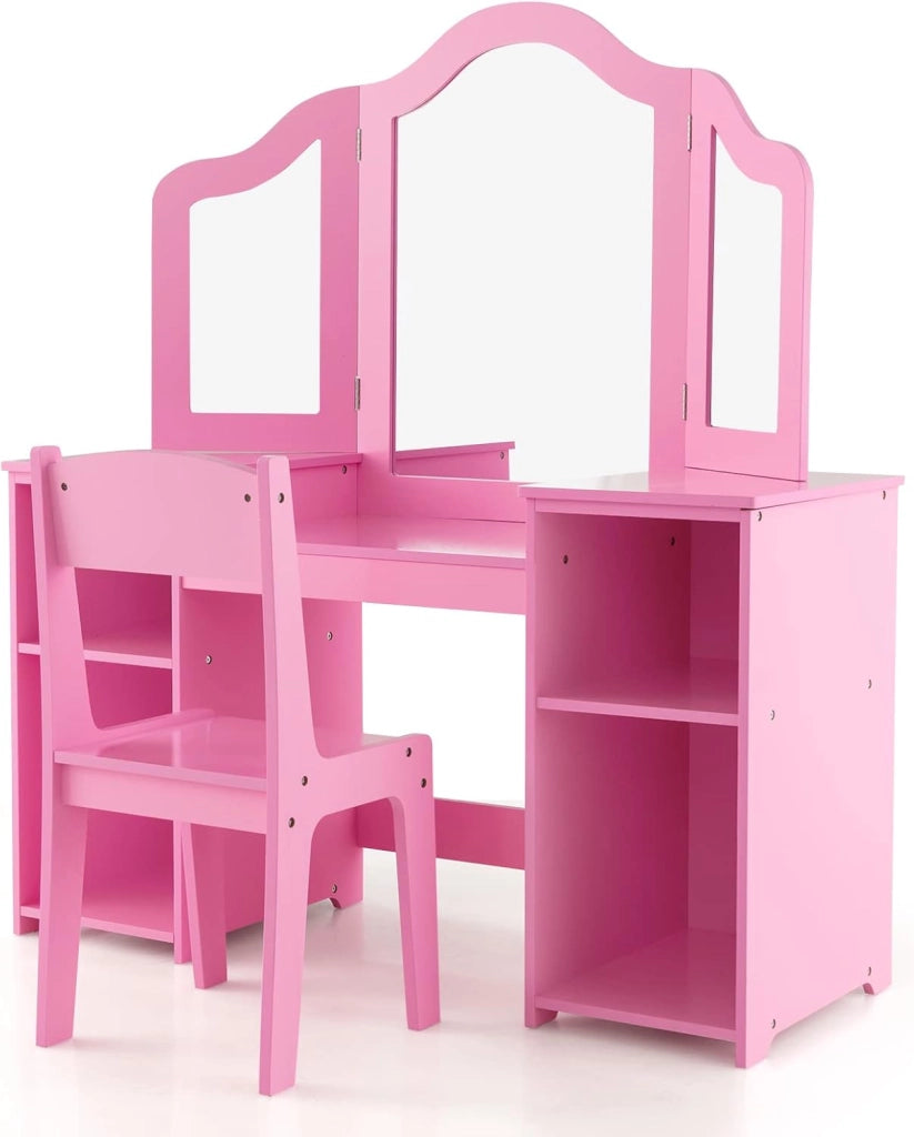 Set Toeletta per Bambini 2 in 1, Set Postazione Trucco in Legno con Sedia, Specchio a 3 Ante Rimovibile e 4 Scomparti, per Bambini 3+ Anni (Rosa)