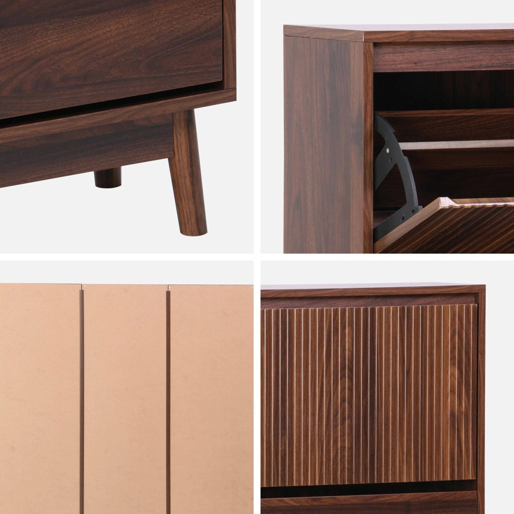 Scarpiera con decoro in legno naturale, 3 ante, noce