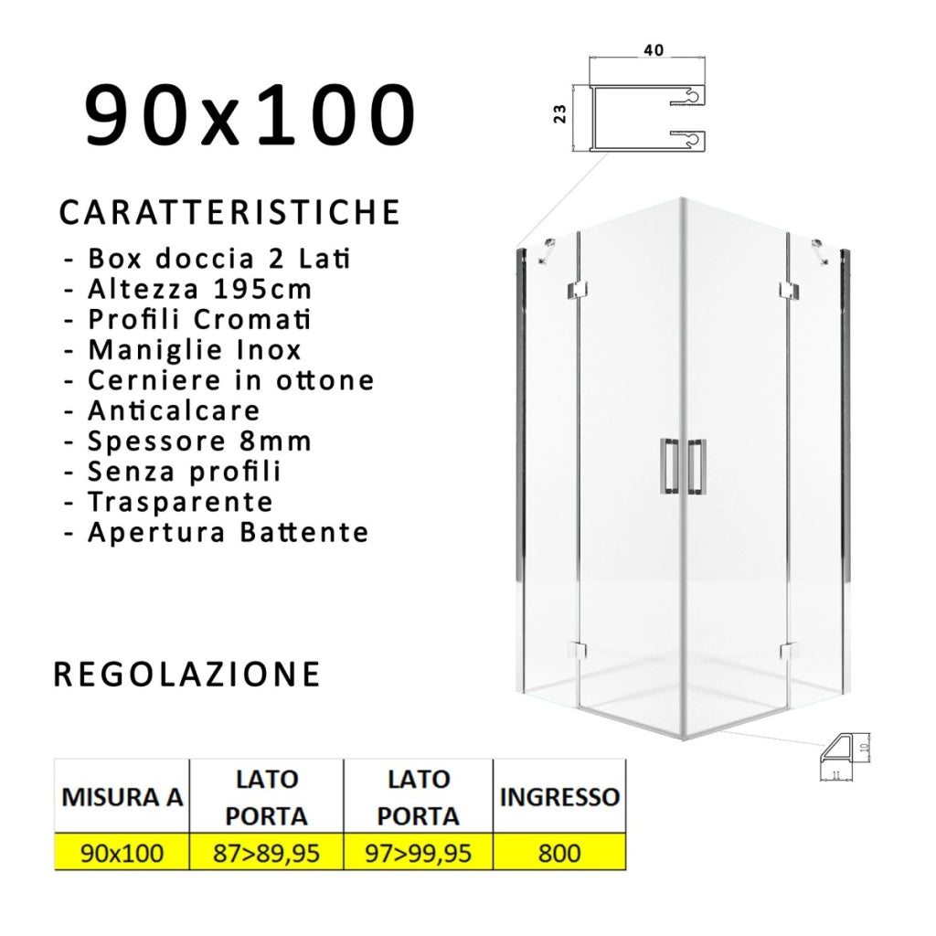 Box doccia due lati battenti 8 mm h195 anticalcare regina, misura 90x100