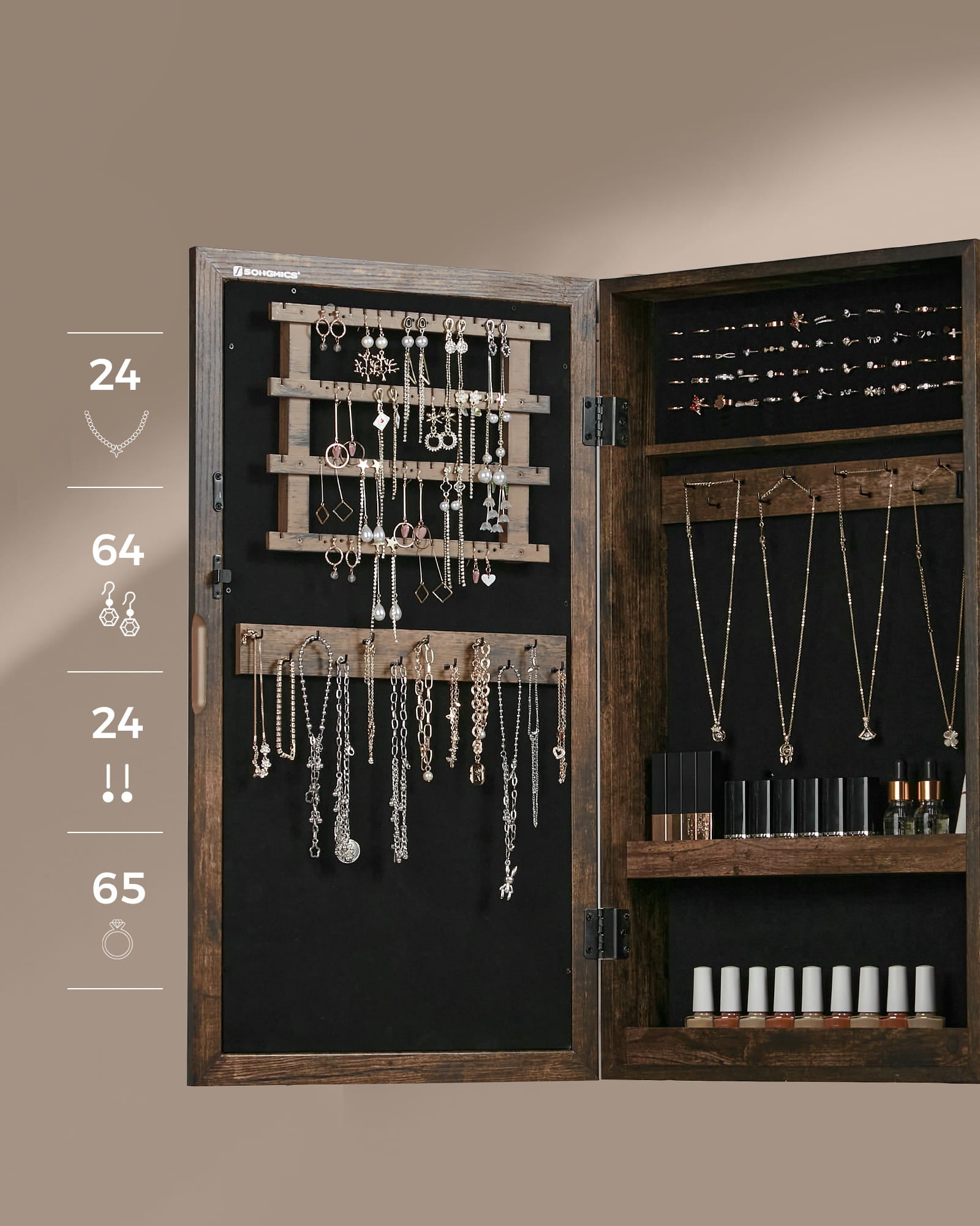 Mobiletto portagioielli da parete VALORA con specchio, marrone rustico JJC051K01