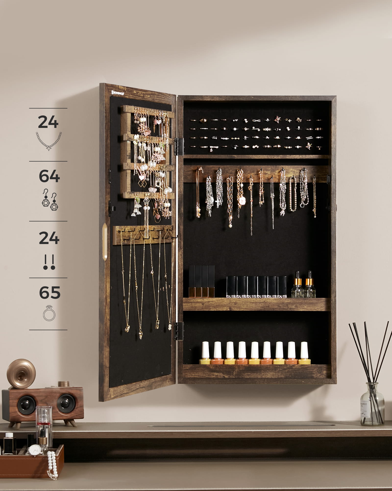 Mobiletto portagioielli da parete VALORA con specchio, marrone rustico JJC051K01