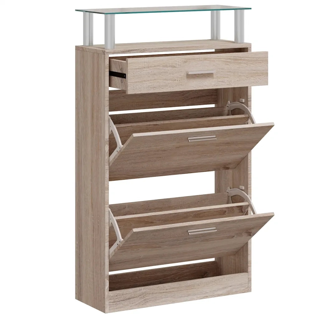 Scarpiera con 1 Cassetto e Mensola Vetro Sopra in Legno Rovere cod mxl 49944