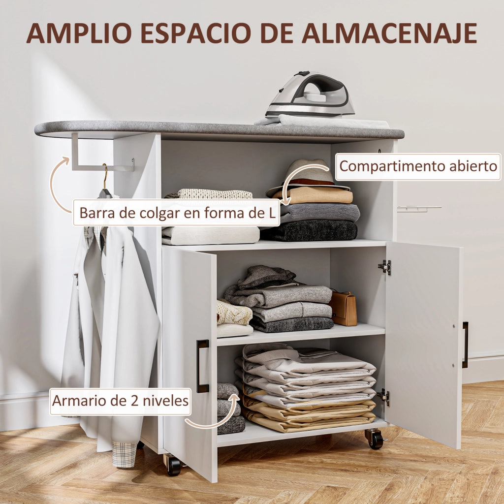 Mueble da Stiro con Ruote e Appendino ¨C Zephmum ¨C Bianco 125x43,5x102,5 cm