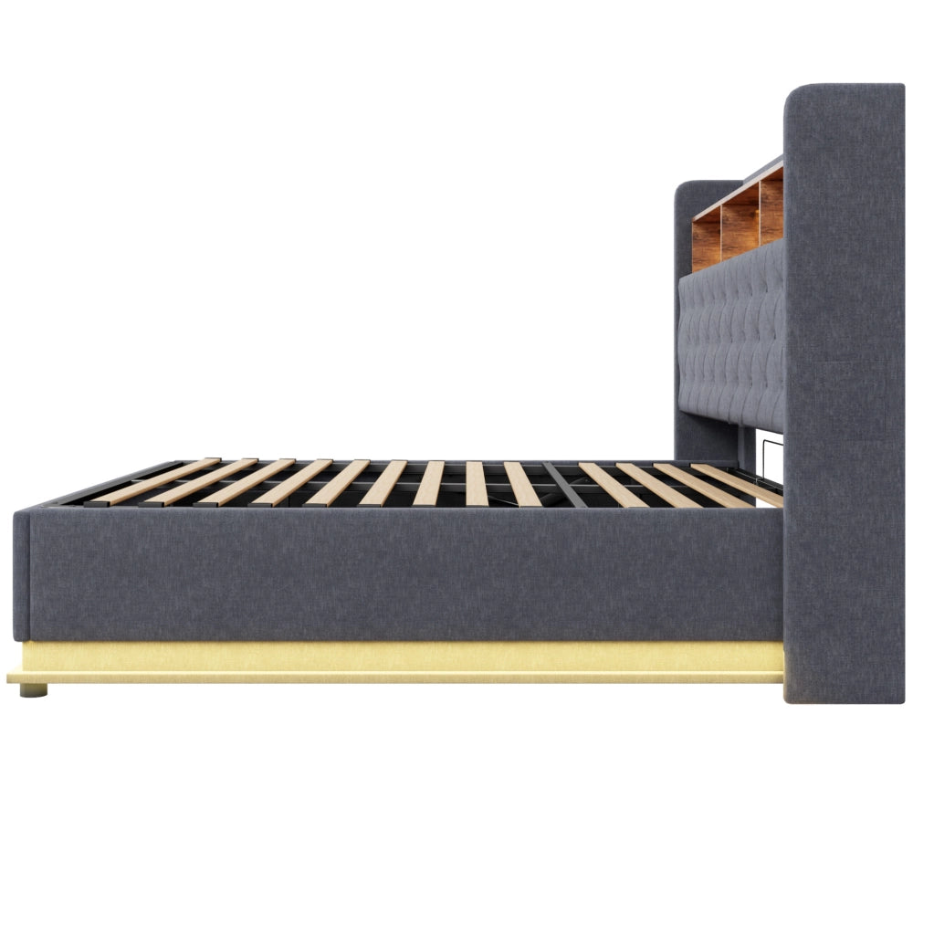 Letto imbottito 180x200 cm con LED multicolore e USB; lino; grigio