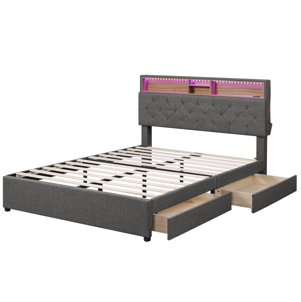 Letto matrimoniale con testiera regolabile; LED e USB; 2 cassetti; grigio 140x200 cm