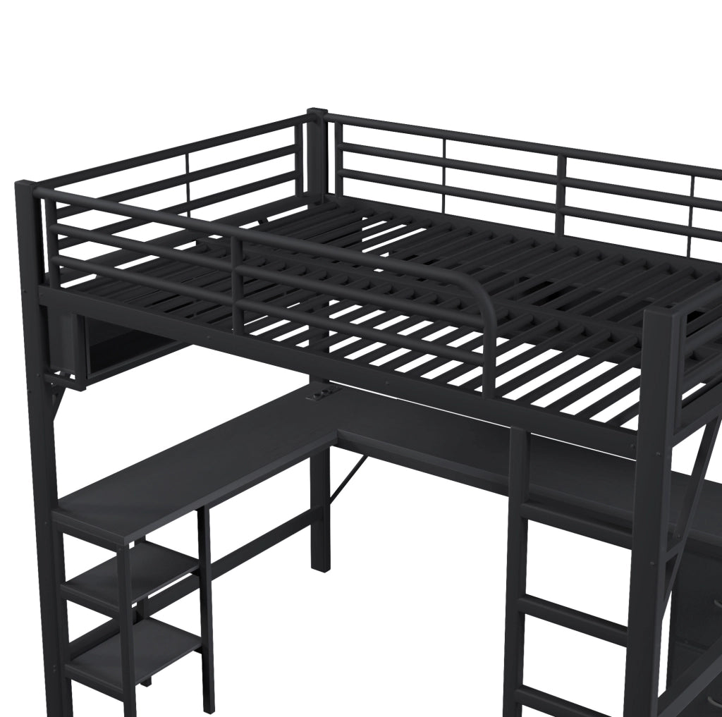 Letto a soppalco 140x200 cm con scrivania, LED e USB, nero