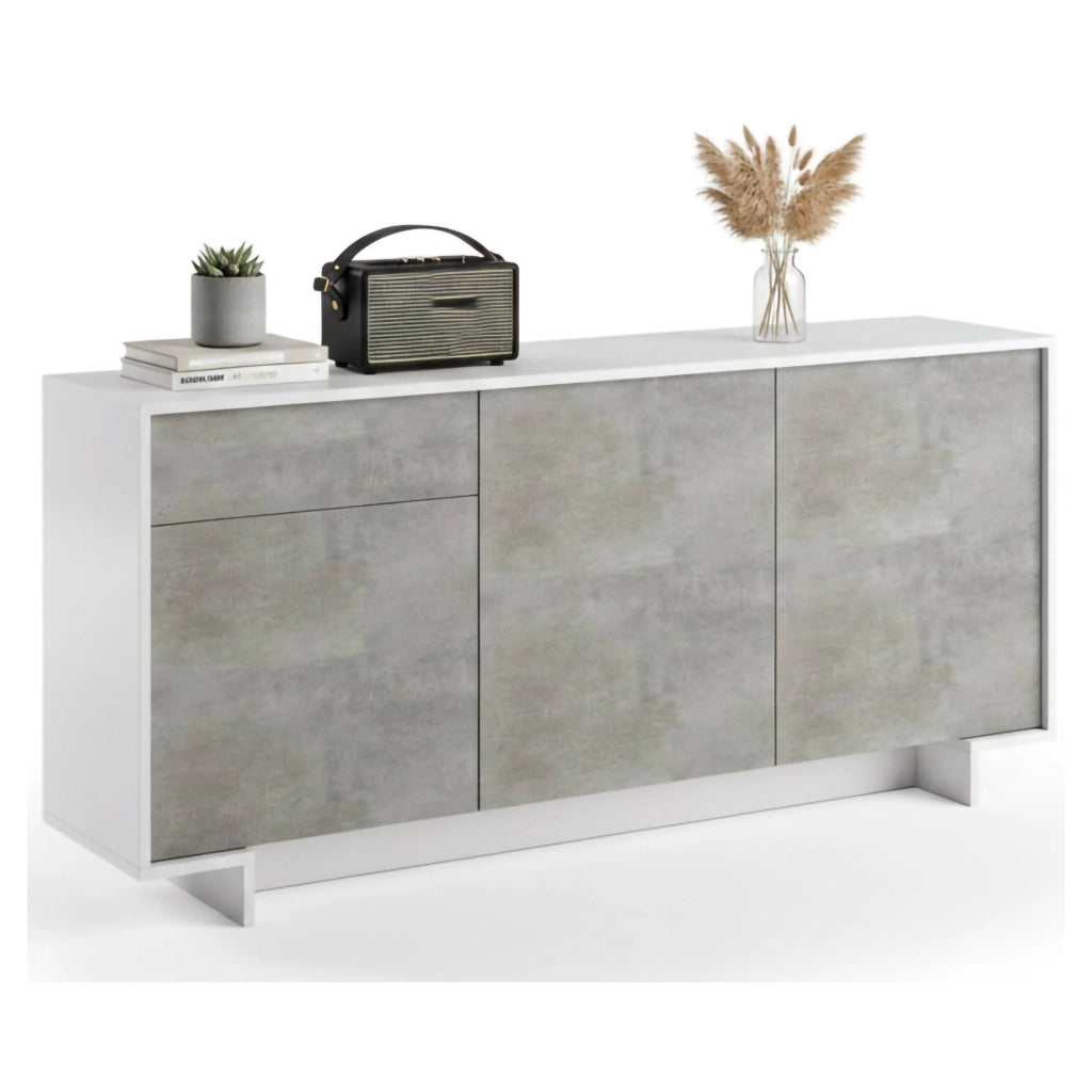 Credenza Aronne, Madia da salotto, Buffet da soggiorno a 3 ante e 1 cassetto, 100% Made in Italy, 170x42h78 cm, Bianco e Cemento