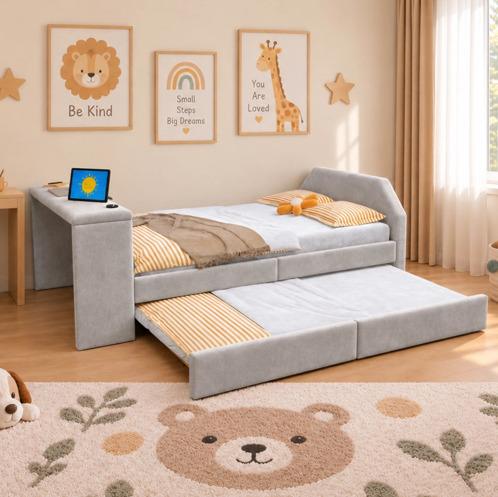 Letto imbottito per bambini 90x200 cm con scrivania, USB e letto estraibile in velluto grigio