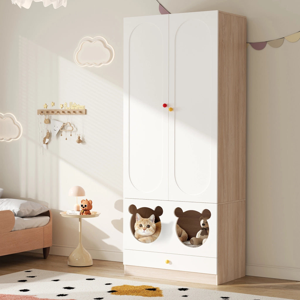 Armadio a 2 ante con asta appendiabiti e cassetti, per camera dei bambini, in MDF, bianco naturale, 80 × 50 × 200 cm