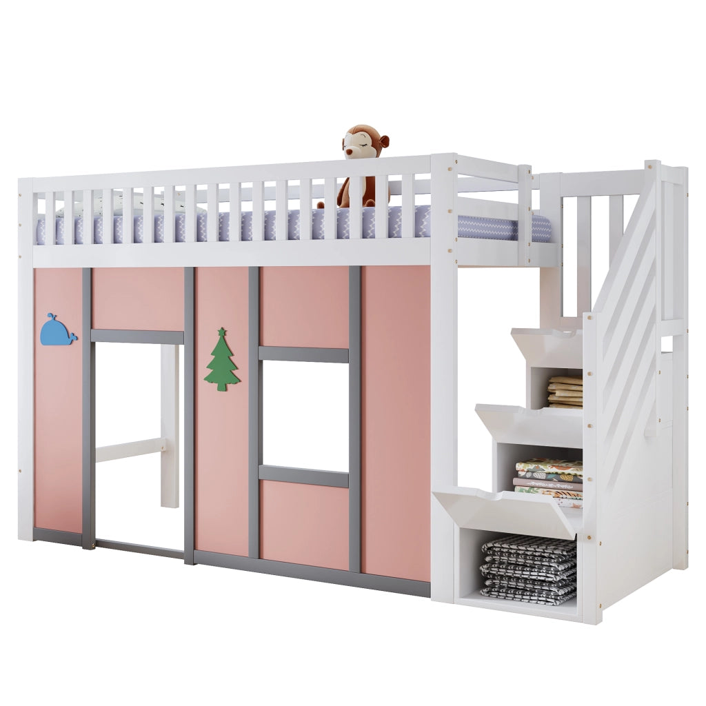 Letto a Soppalco 90x200 cm - Scala Contenitore; LED e Sponda - in Legno Massello e Rosa