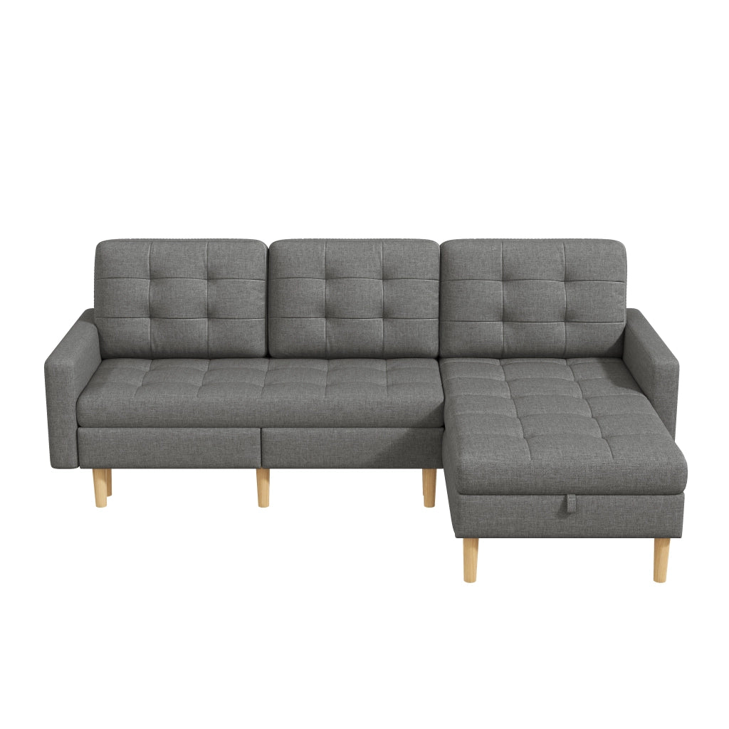 Divano angolare 3 posti con chaise longue reversibile e vano contenitore in tessuto grigio