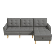 Divano angolare 3 posti con chaise longue reversibile e vano contenitore in tessuto grigio