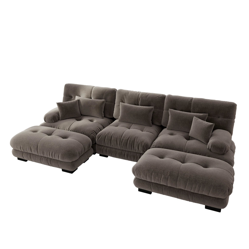 Divano modulare angolare con seduta profonda e pouf mobili trasformabile a U in chenille marrone 313 × 145 × 81 cm