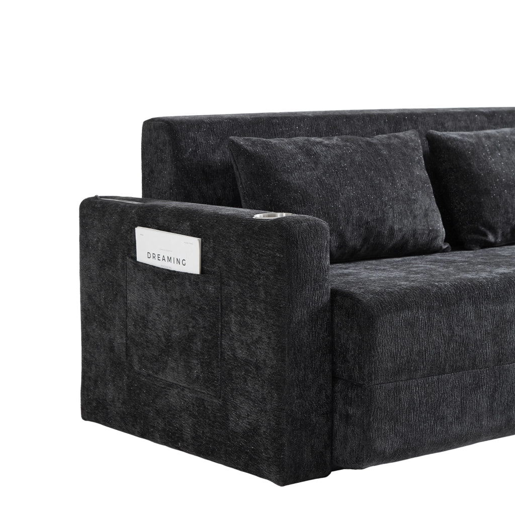 DIVANO LETTO 2 posti pieghevole in ciniglia, Nero+Grigio