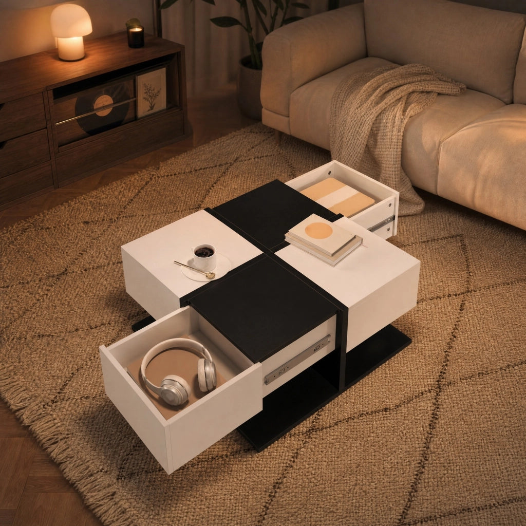 TAVOLINO DA CAFFÈ Quadrato 70 x 70 x 35,5 cm Bianco e Nero con 2 cassetti