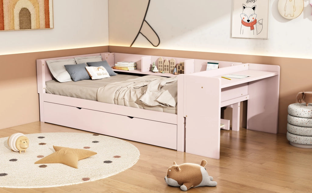 DESMIU Letto bambino 90 × 200 cm con letto estraibile, scrivania e 3 ripiani, senza materasso, rosa