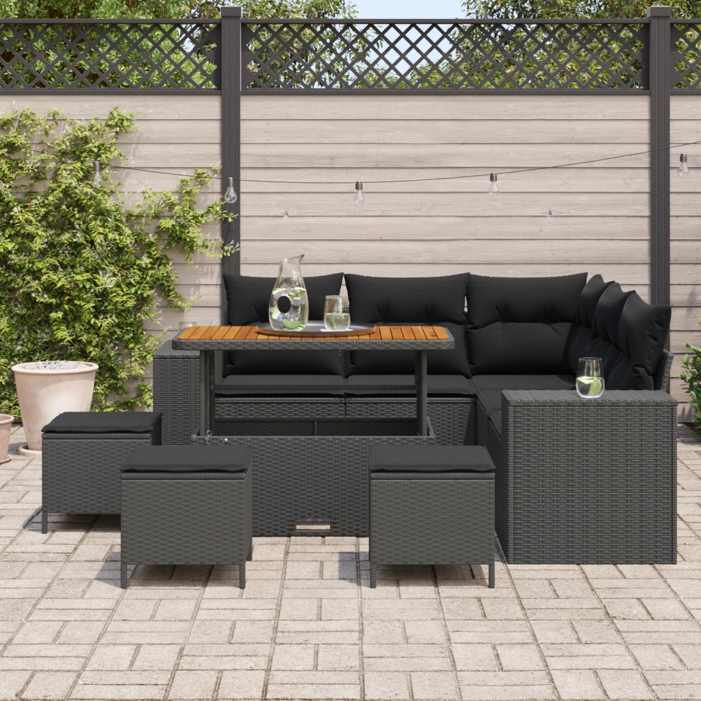 Set Divano da Giardino  9 Pezzi con Cuscini Neri in Polyrattan e Acacia