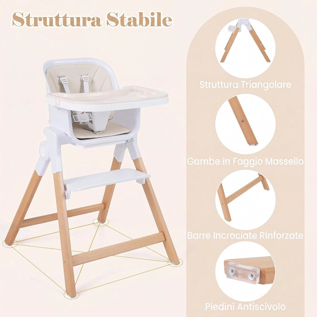 Seggiolone Pappa Pieghevole 4 in 1 con Cuscino di Seduta (Beige) | Seggiolone per Neonati 6-36 Mesi con Vassoi Rimovibili, Portabicchieri, Cintura di Sicurezza e Gambe in Legno