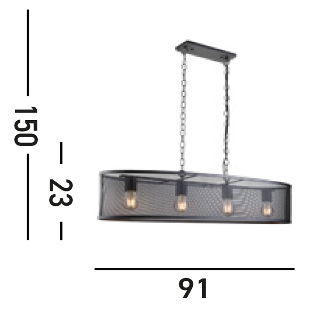 Lampadario Industrial-Nordico Rete Acciaio Nero 4 Luci E27