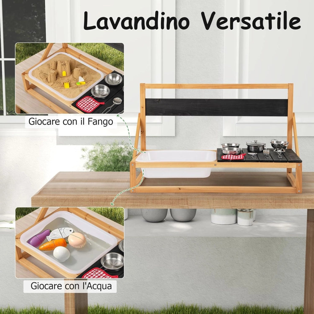 Cucina Giocattolo per Giardino in Legno di Abete, Cucina per Fango da Esterno per Bambini con Ganci, Lavagna e Lavandino, Set Cucina con 9 Accessori, 81 x 36 x 49 cm, per Bambini 3+ Anni