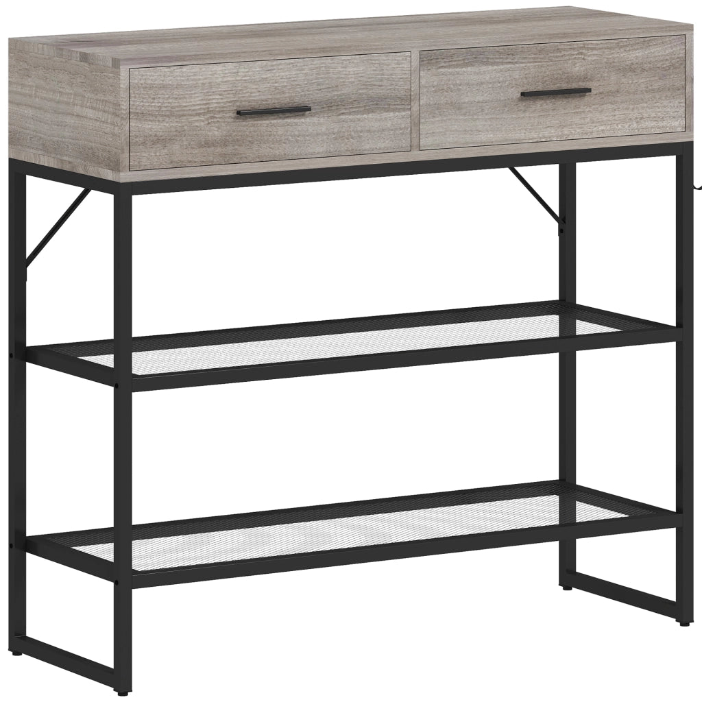 Consolle da Ingresso 100x35x92 cm con 2 Cassetti 2 Ripiani e Gancio Laterale in Legno e Metallo Nero e Legno