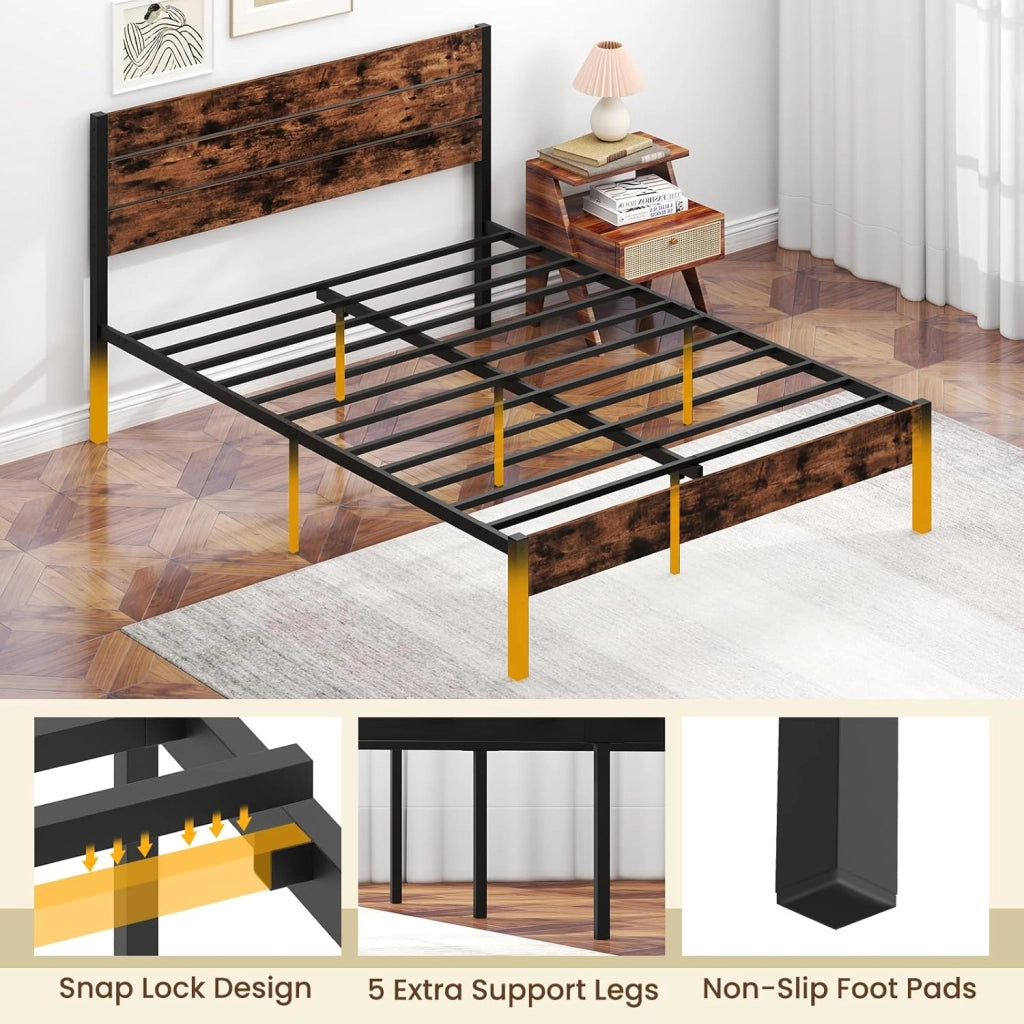 Telaio letto per materasso 140 x 200 cm, letto in metallo con rete a doghe, telaio del letto con testiera, letto matrimoniale industriale, in metallo e legno, letto per gli ospiti