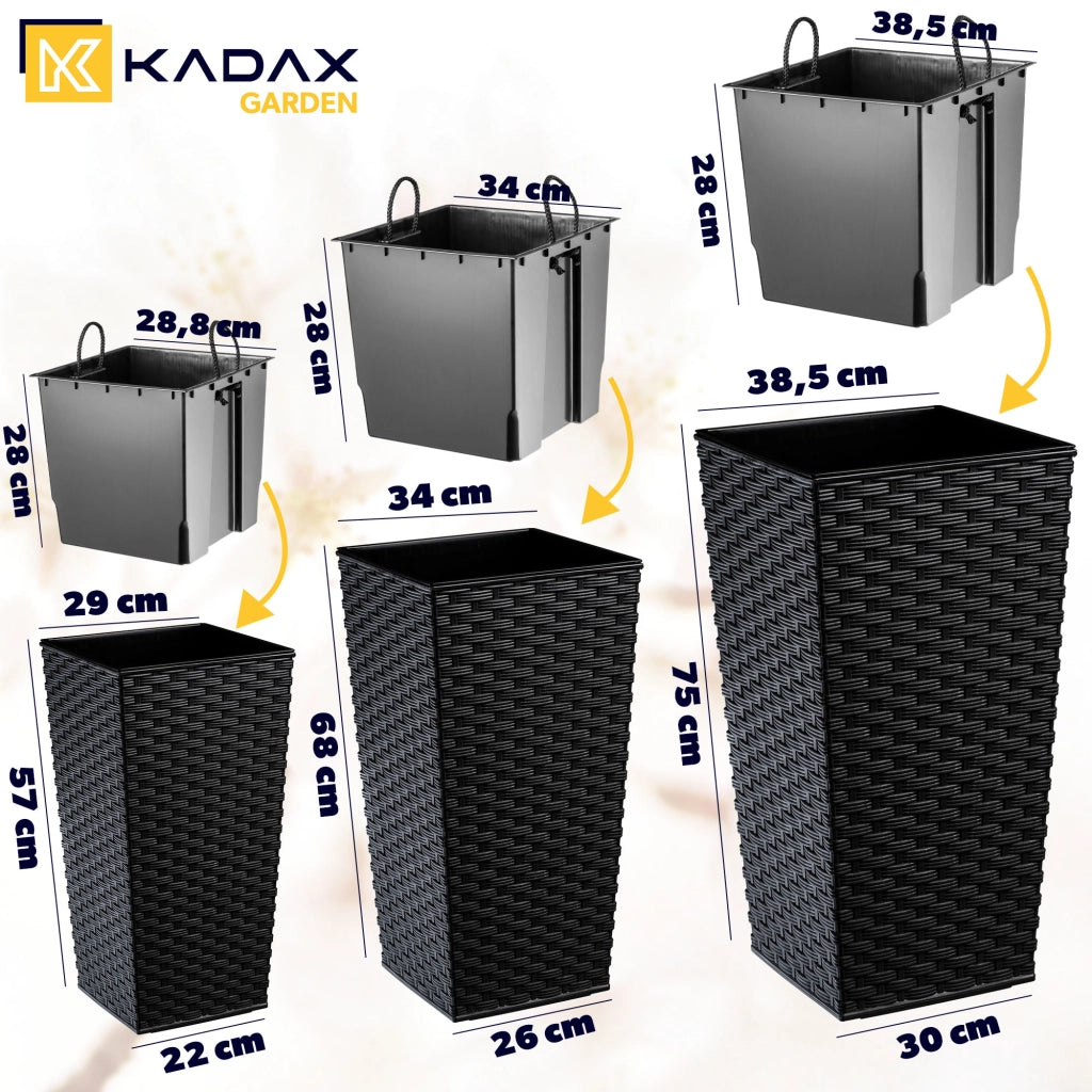 Set di 3 vasi da fiori KADAX, vasi da giardino + inserti, alti e grandi, neri, 57+68+75 cm