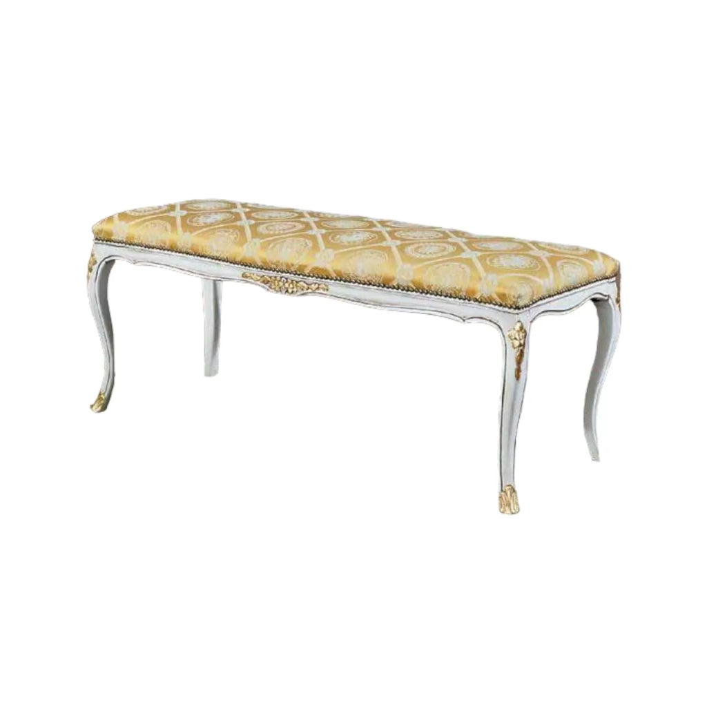 Panca imbottita in legno shabby con decori oro