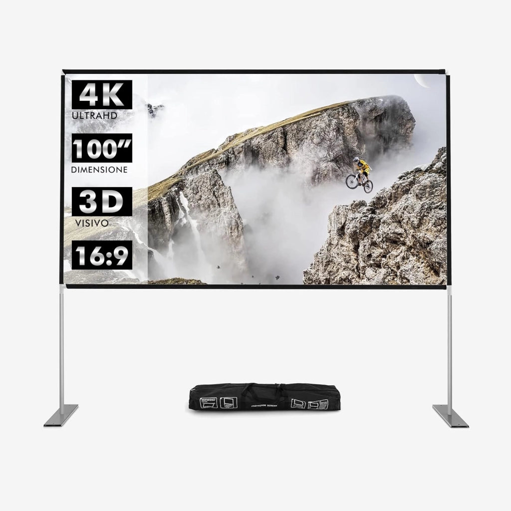 Schermo per Proiettore da 100 Pollici con Supporto, Schermo Cinematografico con Angolo di Visione di 160°, Tessuto Premium, Telaio in Alluminio e Base in Acciaio