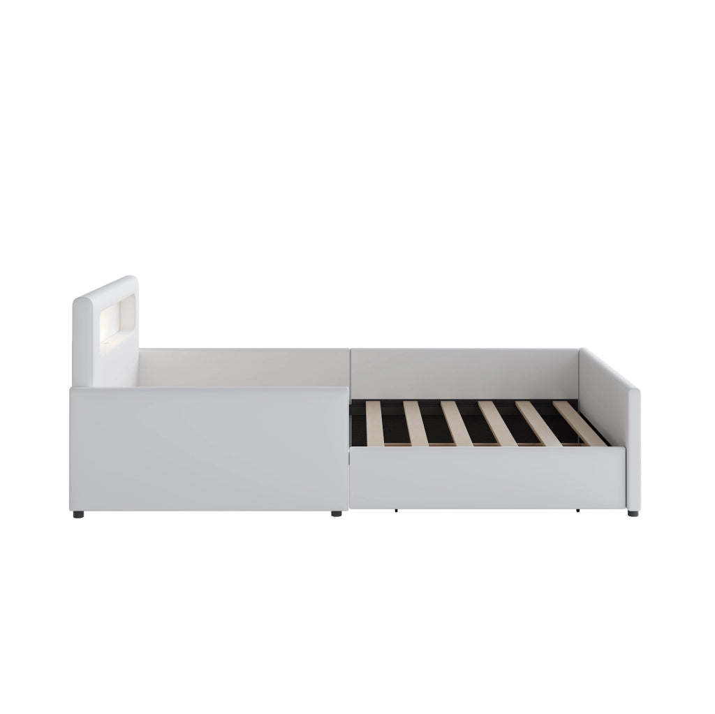 Letto per bambini 90x200 cm con luce notturna, USB e cassetti in similpelle bianca