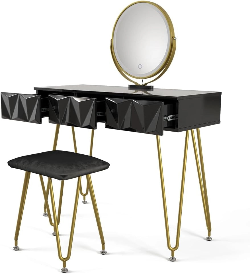 Vicco Tavolo da toeletta Ruby, Nero, 100 cm con specchio e sgabello a LED, Spazio per trucco, prodotti per capelli e cura sempre a portata di mano